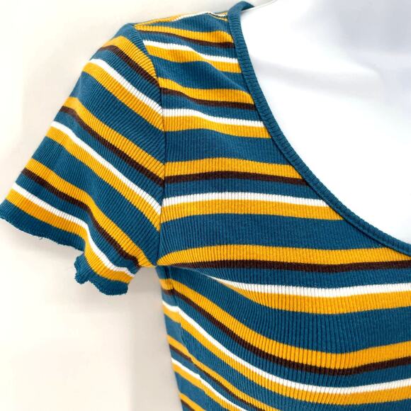 ZARA Trafaluc Blue Yellow Crop Knit Top Short Sleeve Scoop Neck S - Picture 3 of 6